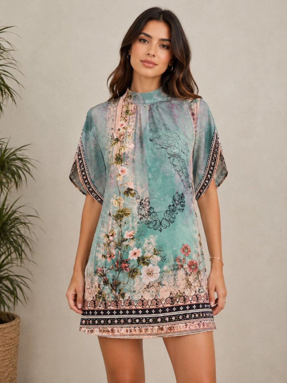 Romantic Botanical Print Kaftan Tunic Boho Baroque Floral Teal Mini Dress M - Picture 1 of 15